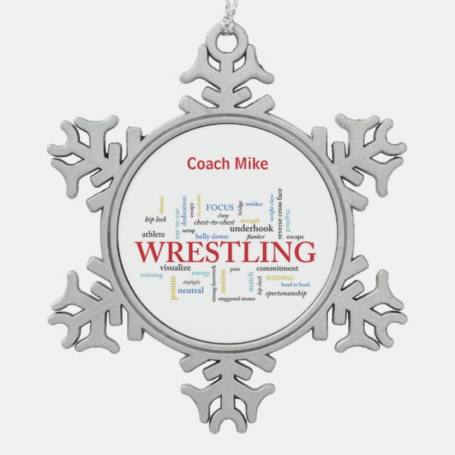 Personalise, Wrestling Coach Thank You in Words Snowflake Pewter Christmas Ornament (Front)