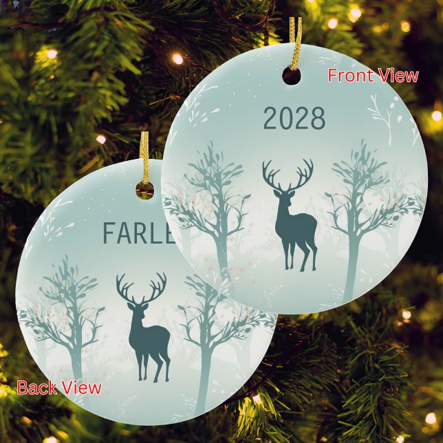 Personalise Year & Name - Deer and Tree Pattern Ceramic Tree Decoration (Creator Uploaded)