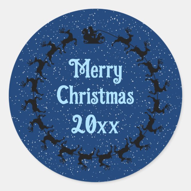 Personalise YEAR Santa's Sleigh Delivery Blue Classic Round Sticker (Front)