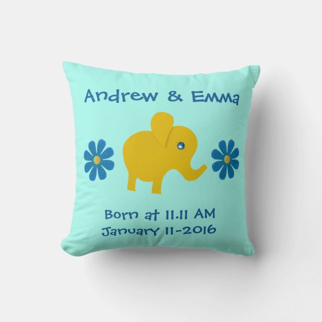 Personalise Yellow elephant, blue flowers Cushion (Front)