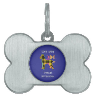 Personalise Yellow Plaid Deep Blue DOG Bone Pet ID Tag