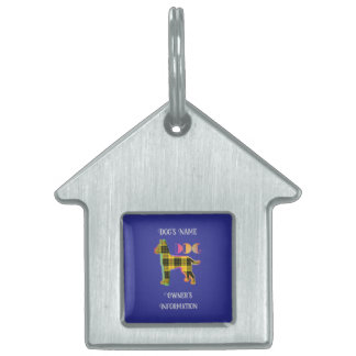 Personalise Yellow Plaid Deep Blue DOG House   Pet ID Tag