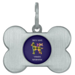 Personalise Yellow Plaid Dk Blue  DOG Bone  Pet ID Tag
