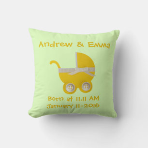 Personalise, yellow stroller and white bow cushion