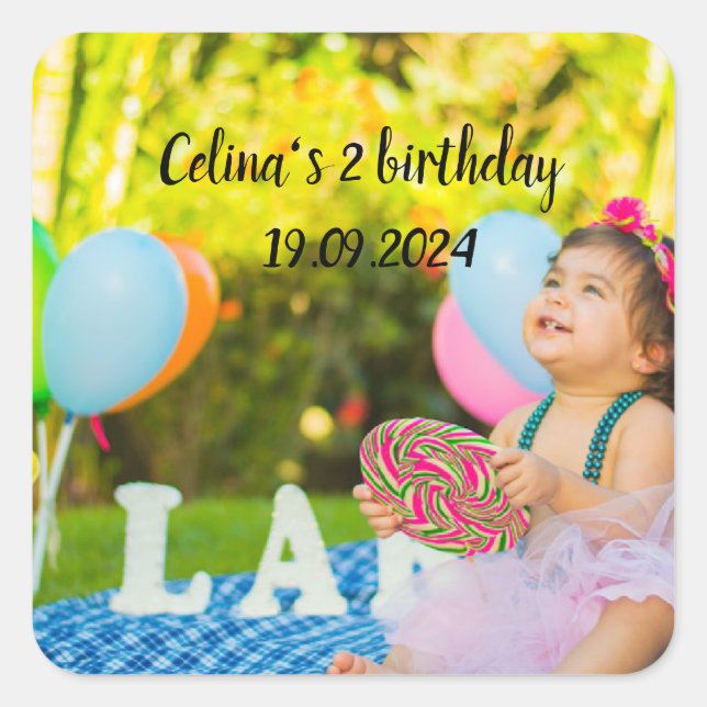 Personalise your babies birthday photo square sticker (Front)