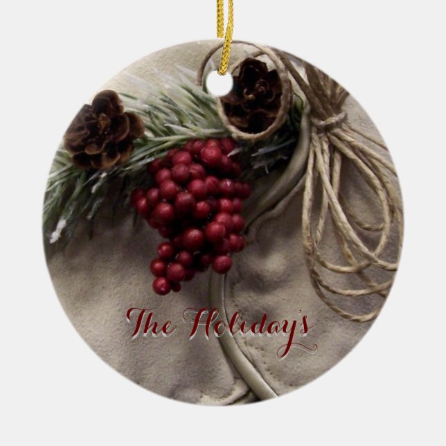 Personalise your Berries and Pinecones Ceramic Tree Decoration (Front)