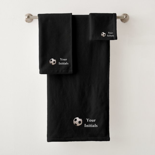 Personalise Your Initials Black Soccer Ball Bath Towel Set (Insitu)