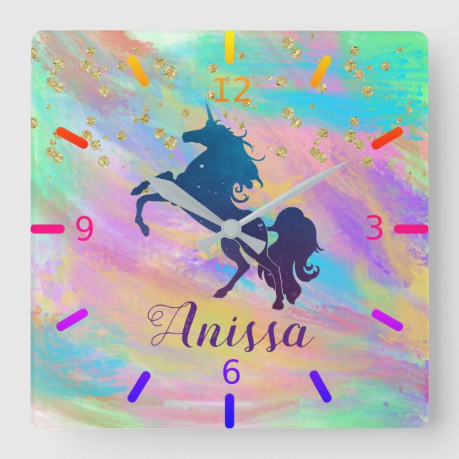 Personalise Your Own Colourful Unicorn Square Wall Clock (Front)