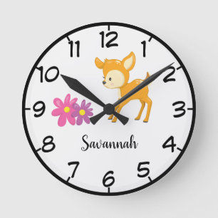 Personalise Your Own Cute Floral Woodland Deer Round Clock