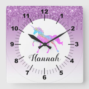 Personalise Your Own Purple Glitter Paper Unicorn Square Wall Clock
