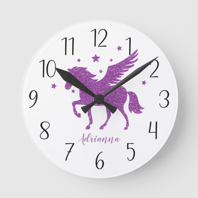 Personalise Your Own Purple Unicorn Round Clock (Front)