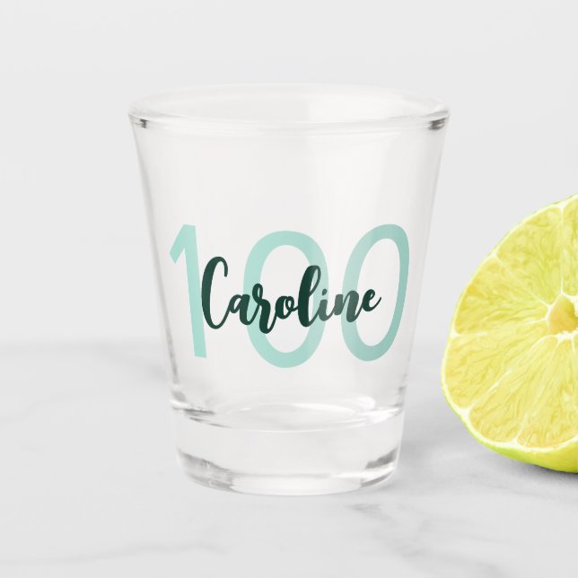 Personalised 100th Birthday Modern Teal Script Shot Glass (Front)
