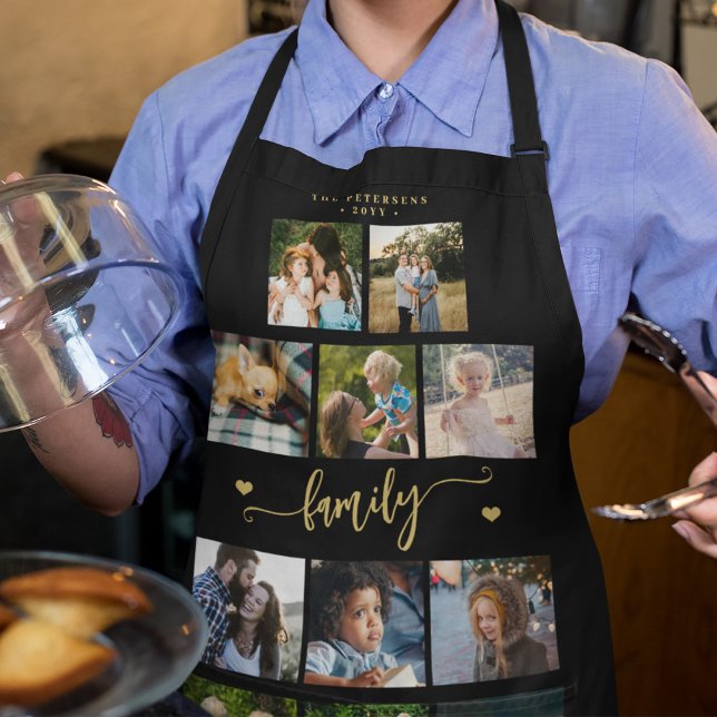 Personalised 11 family photo collage black gold apron (Creator Uploaded)