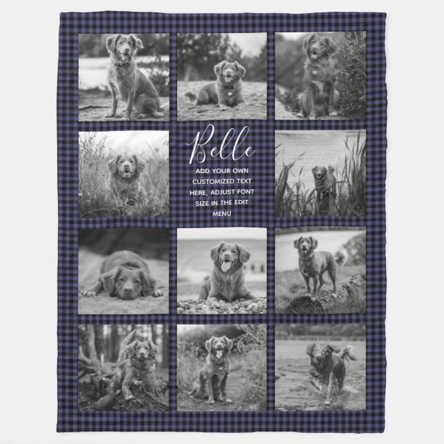 Personalised 11 Photo Collage Navy Blue Check Fleece Blanket (Front)