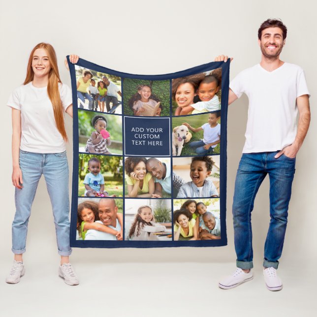 Personalised 11 Photo Collage Navy Blue Fleece Blanket (In Situ)