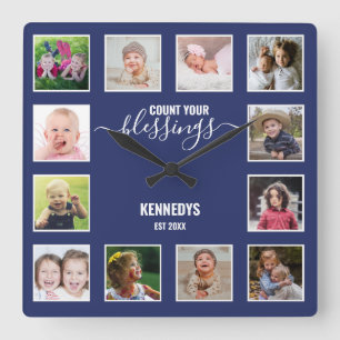 Personalised 12 Photo Collage Family Blessing Blue Square Wall Clock