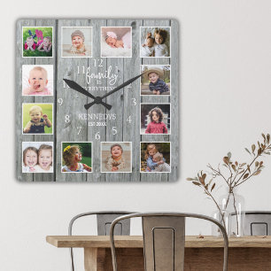 Personalised 12 Photo Collage Family Name Wood Square Wall Clock