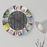 Personalised 12 Photo Collage Grey Wood Round Large Clock<br><div class="desc">Create your own unique wall clock. The photo template is set up ready for you to add 12 of your favourite photos. Add your pictures working clockwise from the top and switch them around to get the look you want. This dark grey and black wood look design has white numbers...</div>