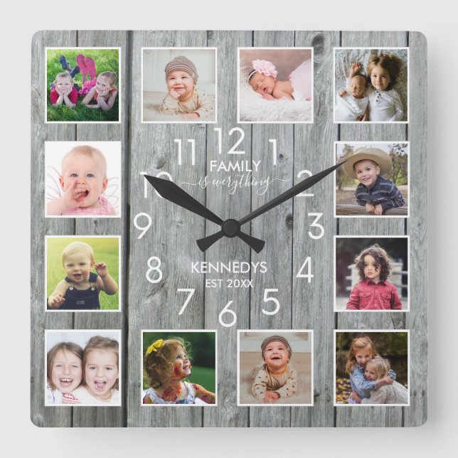 Personalised 12 Photo Collage Quote Grey Wood   Square Wall Clock (Front)