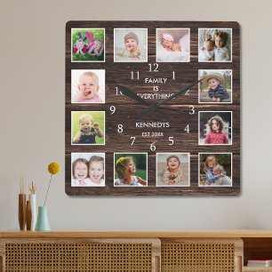 Personalised 12 Photo Collage Rustic Barn Wood Square Wall Clock