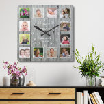 Personalised 12 Photo Collage Rustic Grey Wood Square Wall Clock<br><div class="desc">Create your own photo collage wall clock with 12 of your favourite pictures. NOTE: Please upload your photos after cropping them to a square size . This will help you avoid cutting off face in the corners . The photo frame clock helps you treasure your special moments and also makes...</div>