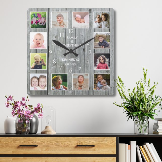 Personalised 12 Photo Collage Rustic Grey Wood Square Wall Clock (Creator Uploaded)