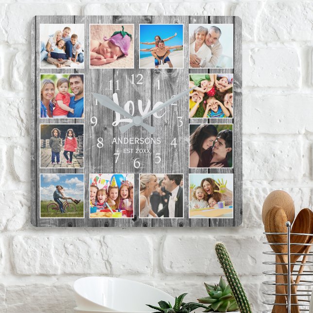 Personalised 12 Photo Collage Rustic Grey Wood Square Wall Clock (Creator Uploaded)