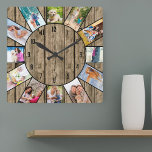 Personalised 12 Photo Collage Rustic Natural Wood Square Wall Clock<br><div class="desc">Create your own unique wall clock with 12 of your favourite photos. The photo template is set up ready for you to add your pictures working clockwise from the top. This attractive, natural wood look design has black numbers and will look great with modern, rustic and farmhouse decor. For this...</div>