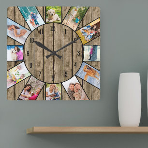 Personalised 12 Photo Collage Rustic Natural Wood Square Wall Clock