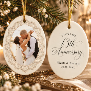 Personalised 13th Lace Wedding Anniversary Photo Ceramic Tree Decoration