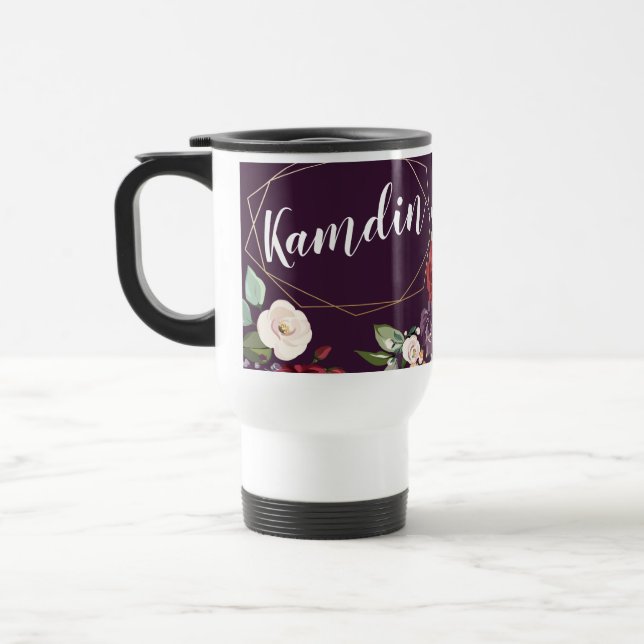 Personalised 15 ounce coffee mug Plum Purple Roses (Left)
