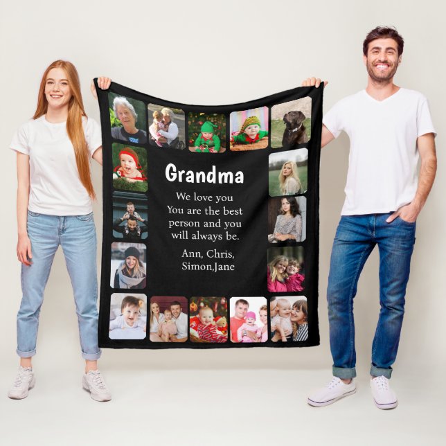 Personalised 16 Photo Collage Grandma Black Fleece Blanket (In Situ)