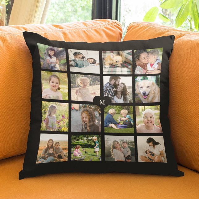 Personalised 16 photo collage monogram black cushion (Creator Uploaded)