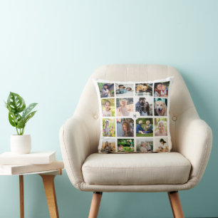 Personalised 16 photo collage monogram white cushion