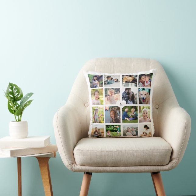 Personalised 16 photo collage monogram white cushion (Chair)