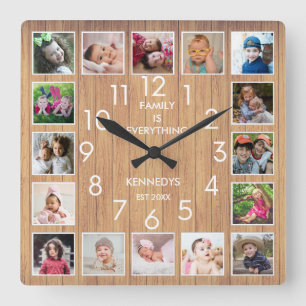Personalised 16 Photo Collage Quote Rustic Wood   Square Wall Clock