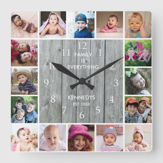 Personalised 16 Photo Collage Rustic Grey Wood Square Wall Clock (Front)