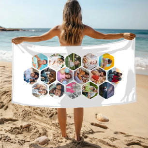 Personalised 16 Photo White Hexagon Collage Beach Towel
