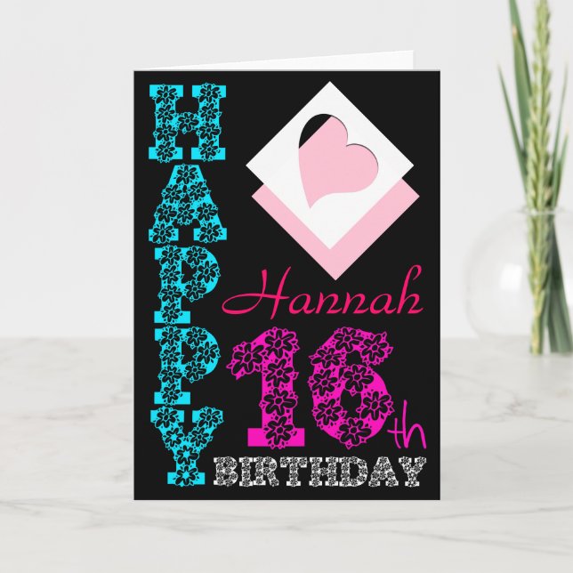 Personalised 16th Birthday Girly Black Greeting C Card (Front)