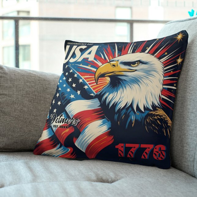 Personalised 1776 USA Independence Day Cushion (Personalized 1776 USA Independence Day: Eagle & Flag Throw Pillow)