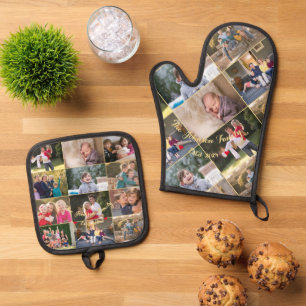 Personalised 17 Family Photo Collage Gold Monogram Oven Mitt & Pot Holder Set