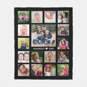 Personalised 17 Photo Collage Family Name Black Fleece Blanket