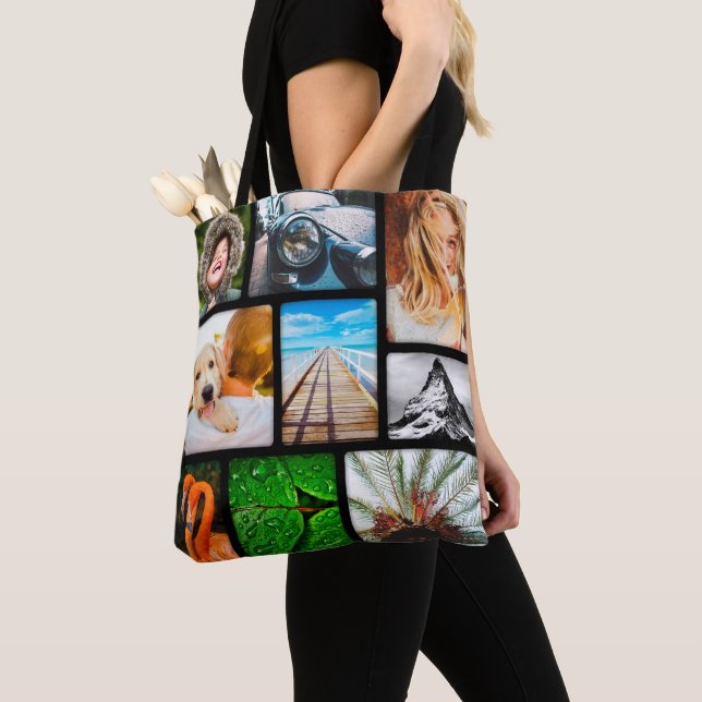 Personalised 18 Photo Collage Template Black Tote Bag (Close Up)