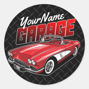 Personalised 1961 C1 Red Classic Sports Car Garag Round Sticker