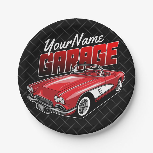 Personalised 1961 C1 Red Classic Sports Car Garage Paper Plate (Front)