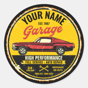 Personalised 1967 Fastback Red Classic Car Garage Round Sticker