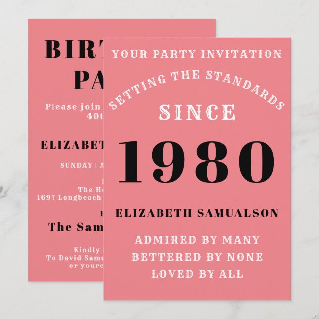 Personalised 1980 Birthday Add Your Name Pink Invitation (Front/Back)