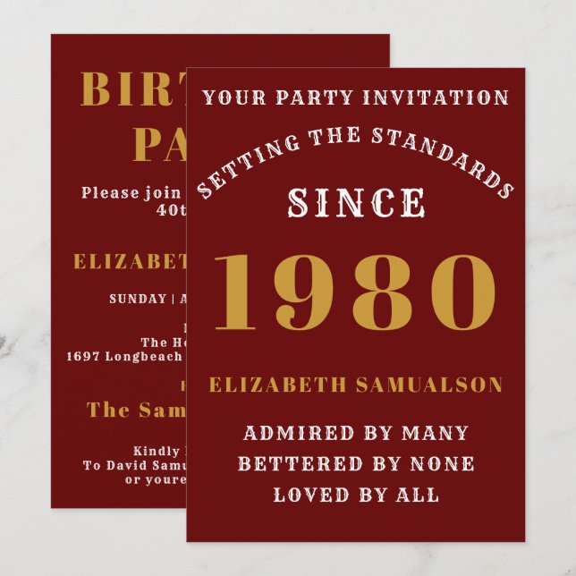 Personalised 1980 Birthday Add Your Name Red Invitation (Front/Back)