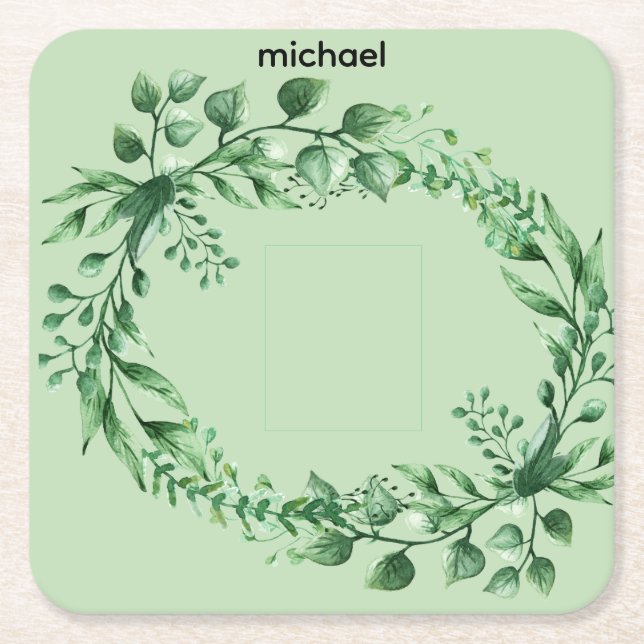 Personalised 1-image Eucalyptus Leaves Square Paper Coaster (Front)