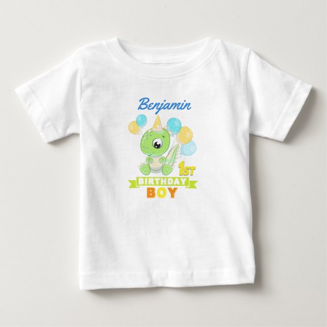 Personalised 1st Birthday Green Dinosaur Baby T-Shirt (Front)